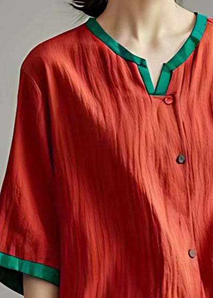 Loose Red Button Cotton Blouses Half Sleeve