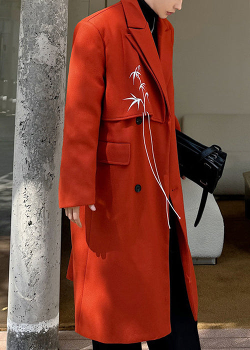 Loose Red Embroideried Button Woolen Coat Winter