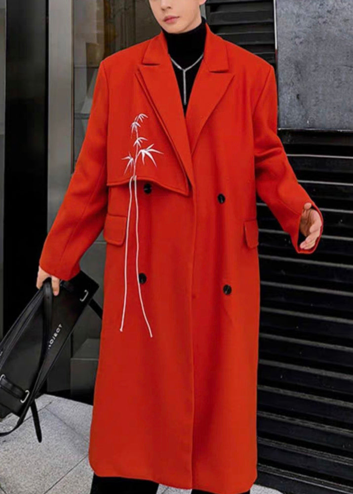 Loose Red Embroideried Button Woolen Coat Winter