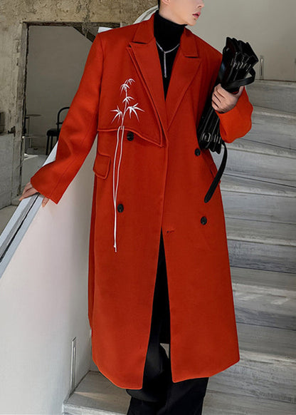 Loose Red Embroideried Button Woolen Coat Winter