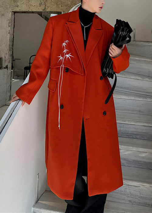 Loose Red Embroideried Button Woolen Coat Winter