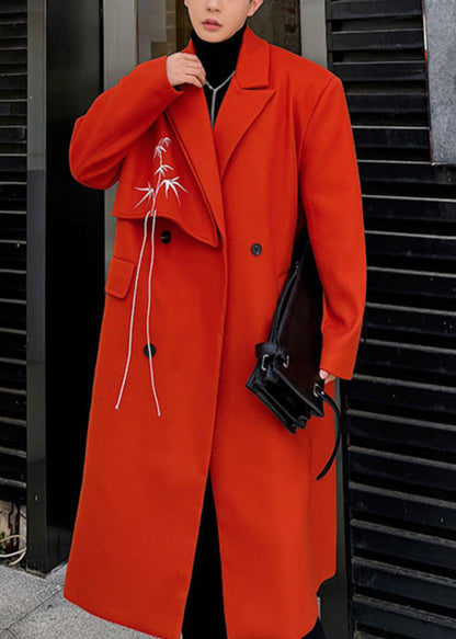 Loose Red Embroideried Button Woolen Coat Winter