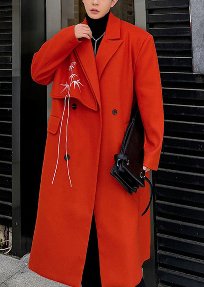 Loose Red Embroideried Button Woolen Coat Winter