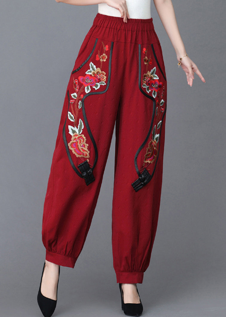 Loose Red Embroideried Pockets Linen Lantern Pants Fall
