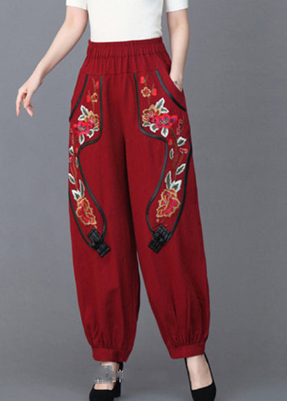 Loose Red Embroideried Pockets Linen Lantern Pants Fall