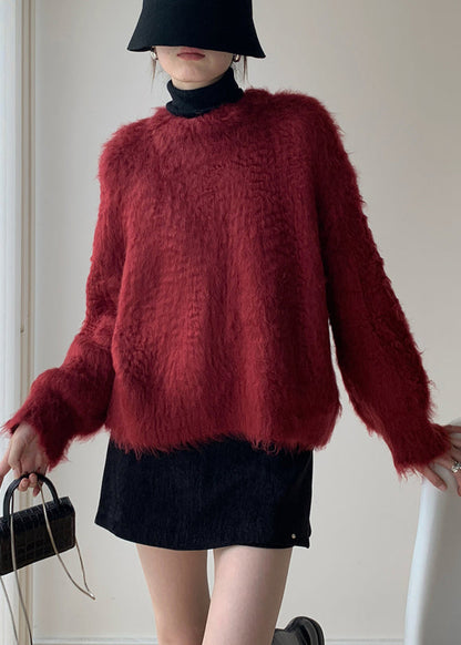 Loose Red Fluffy Knit Sweater Spring