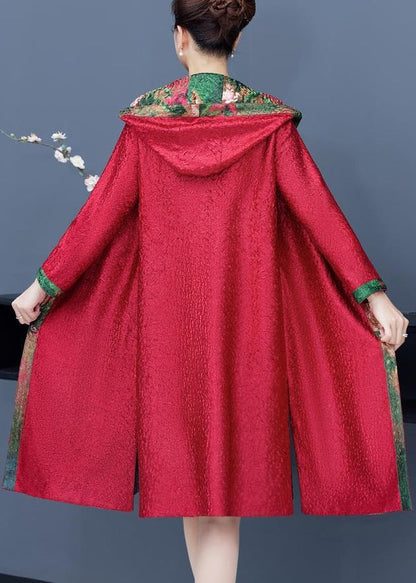 Loose Red Hooded Wrinkled Pockets Wear on Both Sides Cotton Coat Fall