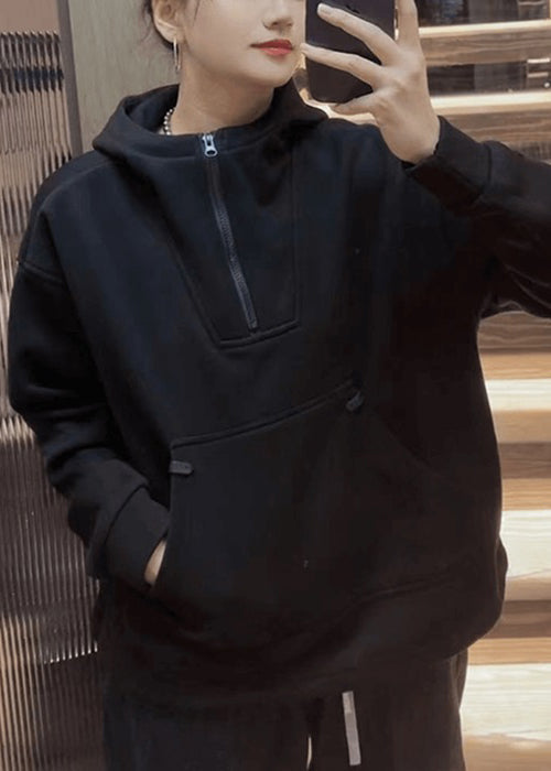 Loose Red Hooded Zippered Pockets Cotton Sweatshirt Spring