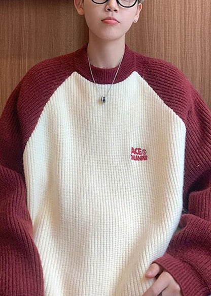 Loose Red Letter Patchwork Knit Sweater Winter