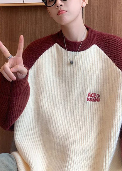 Loose Red Letter Patchwork Knit Sweater Winter