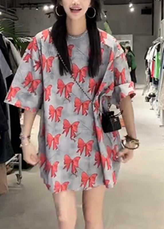 Loose Red O-neck Bow Print T Shirt Summer