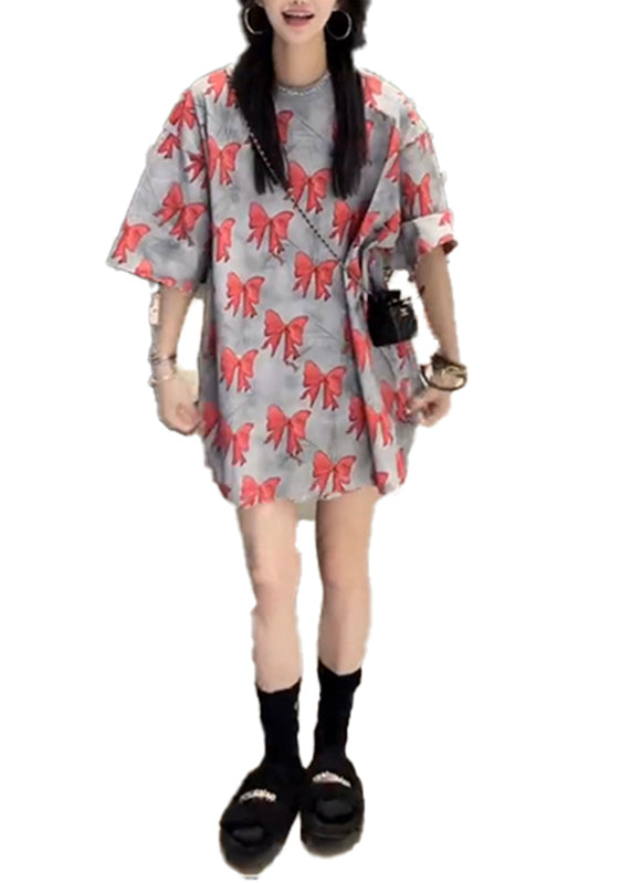 Loose Red O-neck Bow Print T Shirt Summer