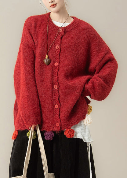 Loose Red O Neck Button Knit Coats Spring