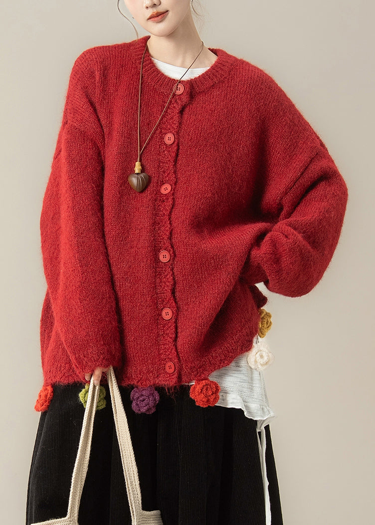 Loose Red O Neck Button Knit Coats Spring