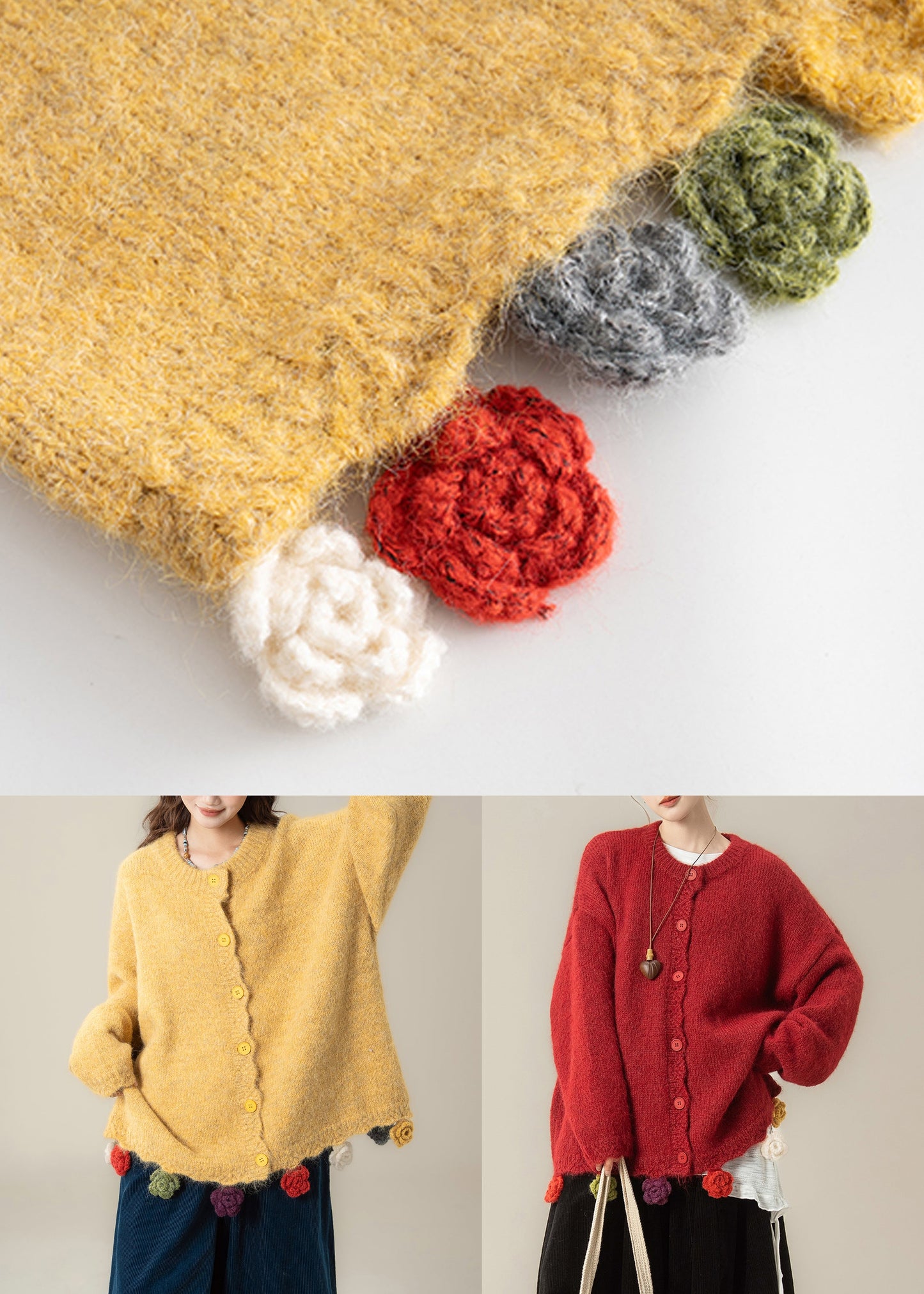 Loose Red O Neck Button Knit Coats Spring