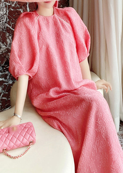 Loose Red O-neck Silk Maxi Dresses Puff Sleeve