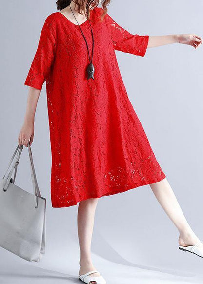 Loose Red O-neck Hollow Out Lace Summer Party Dress Half Sleeve