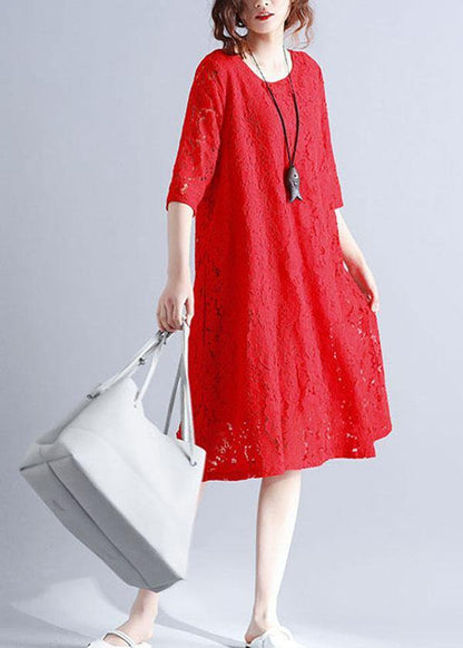 Loose Red O-neck Hollow Out Lace Summer Party Dress Half Sleeve