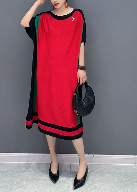Loose Red O-neck Knit Sweater Dresses Short Sleeve
