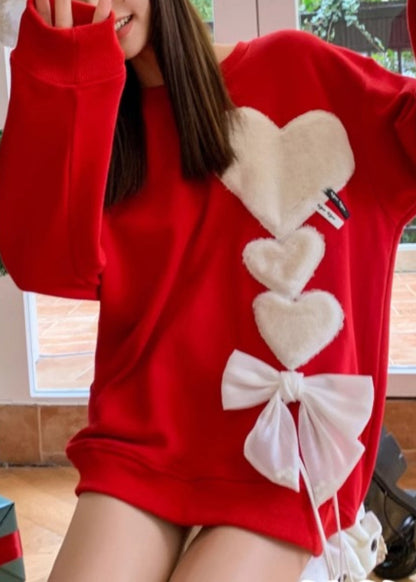 Loose Red O-neck Love Bow Knit Sweaters Spring