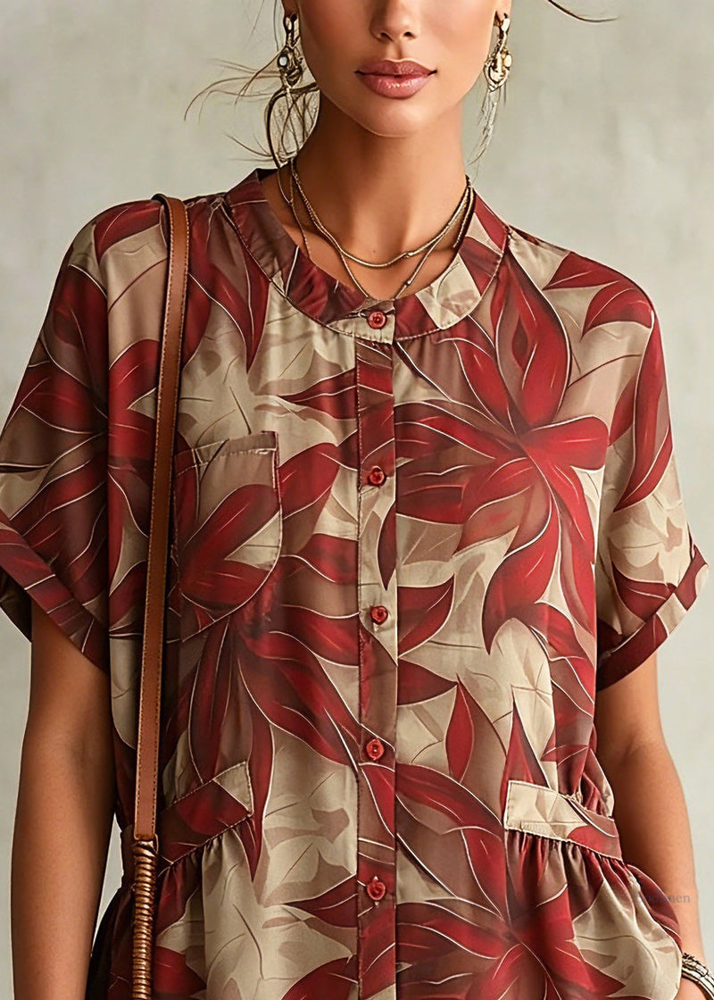 Loose Red O-neck Print Shirt Chiffon Short Sleeve
