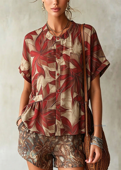 Loose Red O-neck Print Shirt Chiffon Short Sleeve