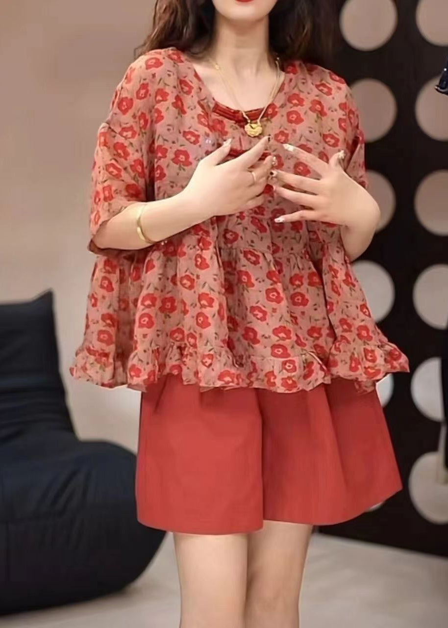 Loose Red O-neck Print Top and Shorts Two Pieces Set Summer
