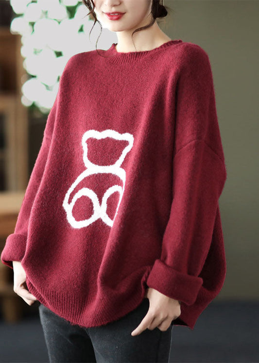 Loose Red O-neck Print Woolen Sweaters Spring