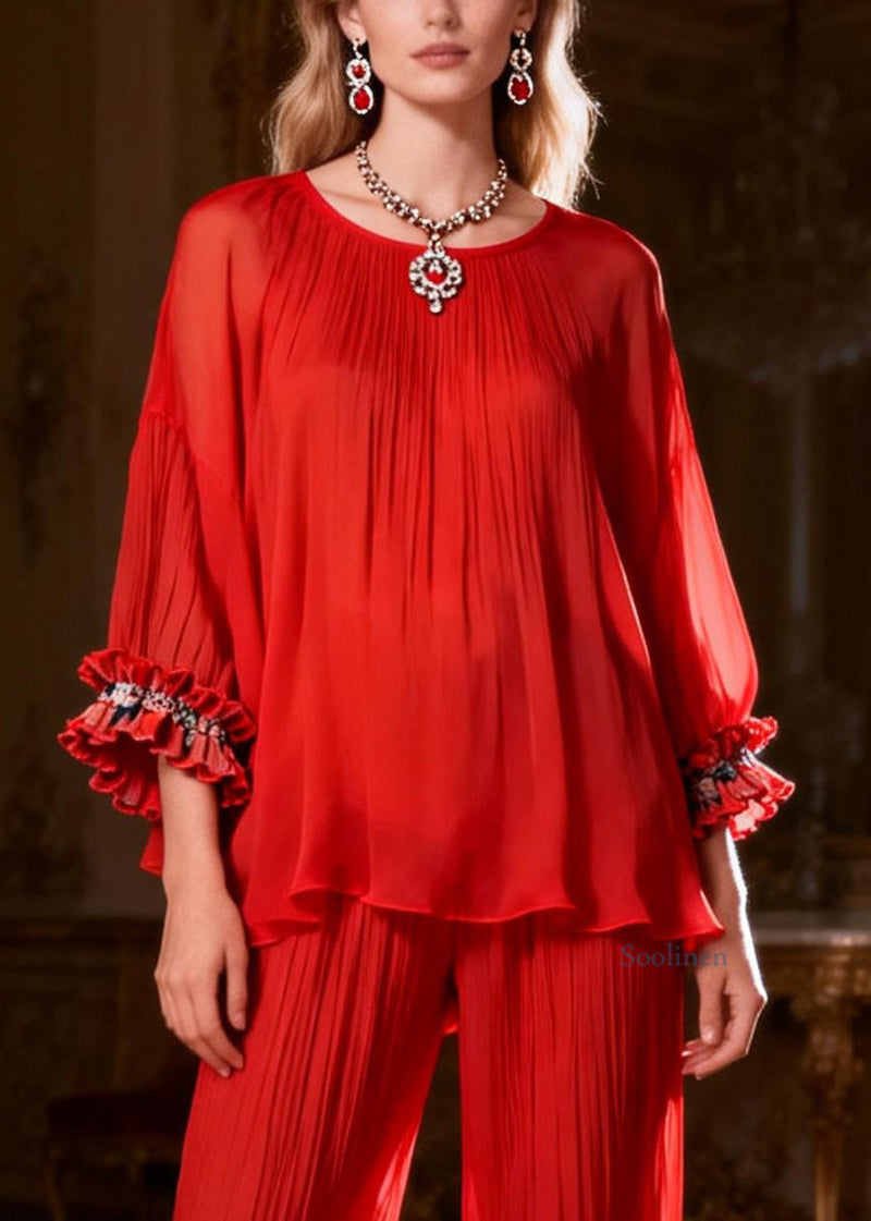 Loose Red O Neck Ruffled Tops and Crop Pants Two Piece Set Bracelet Sleeve