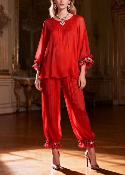 Loose Red O Neck Ruffled Tops and Crop Pants Two Piece Set Bracelet Sleeve