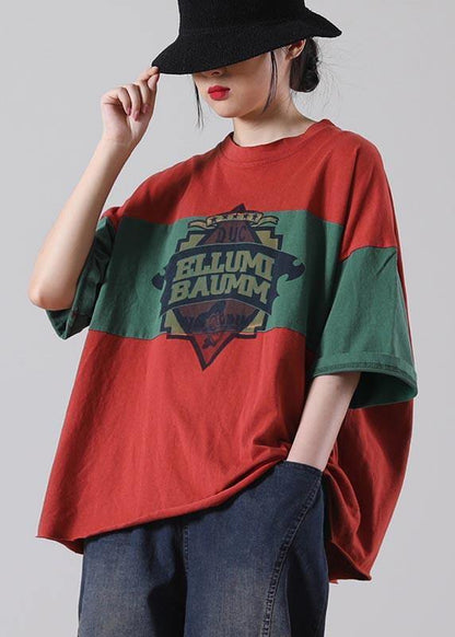 Loose Red Patchwork O-neck Cotton Half Sleeve Top Summer