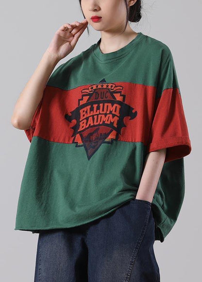Loose Red Patchwork O-neck Cotton Half Sleeve Top Summer