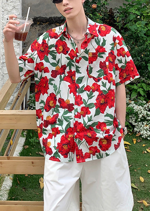 Loose Red Peter Pan Collar Print Cotton Shirts Summer