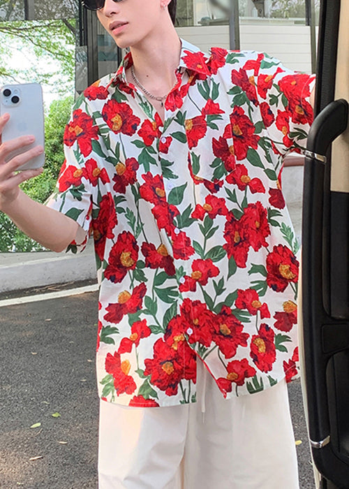 Loose Red Peter Pan Collar Print Cotton Shirts Summer