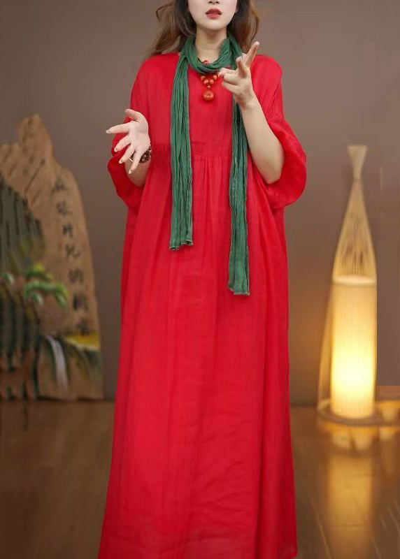 Loose Red Pockets Cotton Long Dress Bracelet Sleeve