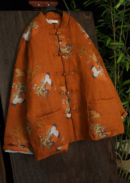 Loose Red Print Chinese Button Pockets Fine Cotton Coats Spring