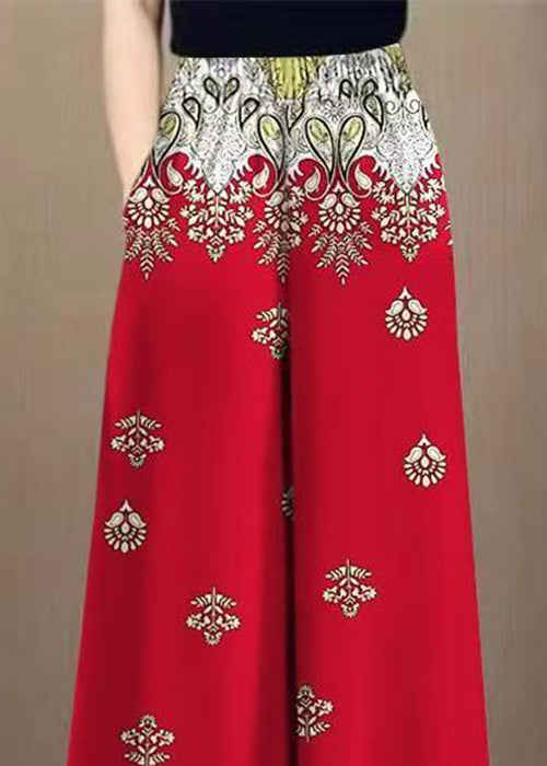 Loose Red Print Pockets Cotton Wide Leg Pants Summer