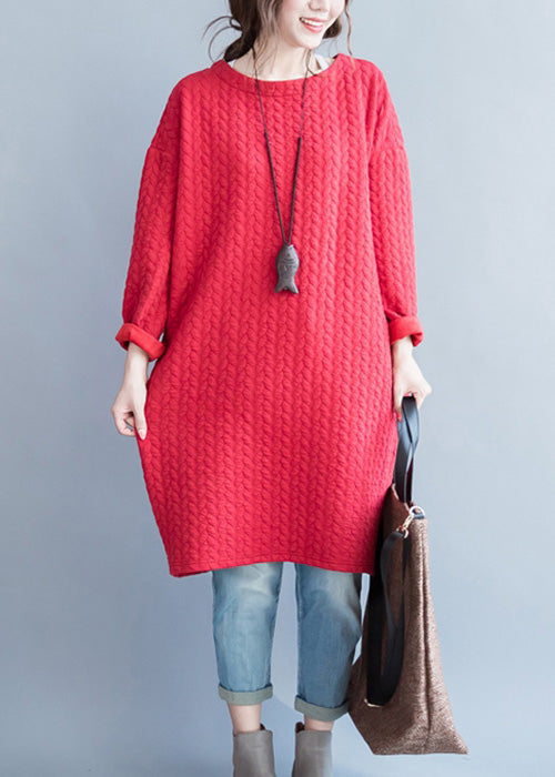 Loose Red Pockets Cotton Holiday Dress Spring