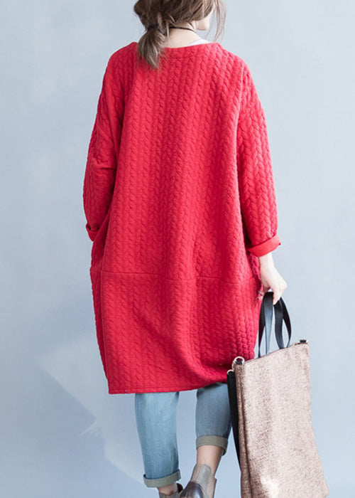 Loose Red Pockets Cotton Holiday Dress Spring