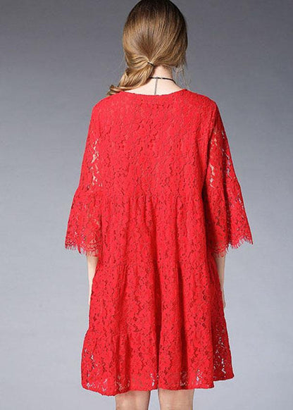 Loose Red Wrinkled Spring Half Sleeve Dresses
