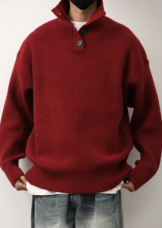 Loose Red Stand Collar Button Knit Sweaters Spring