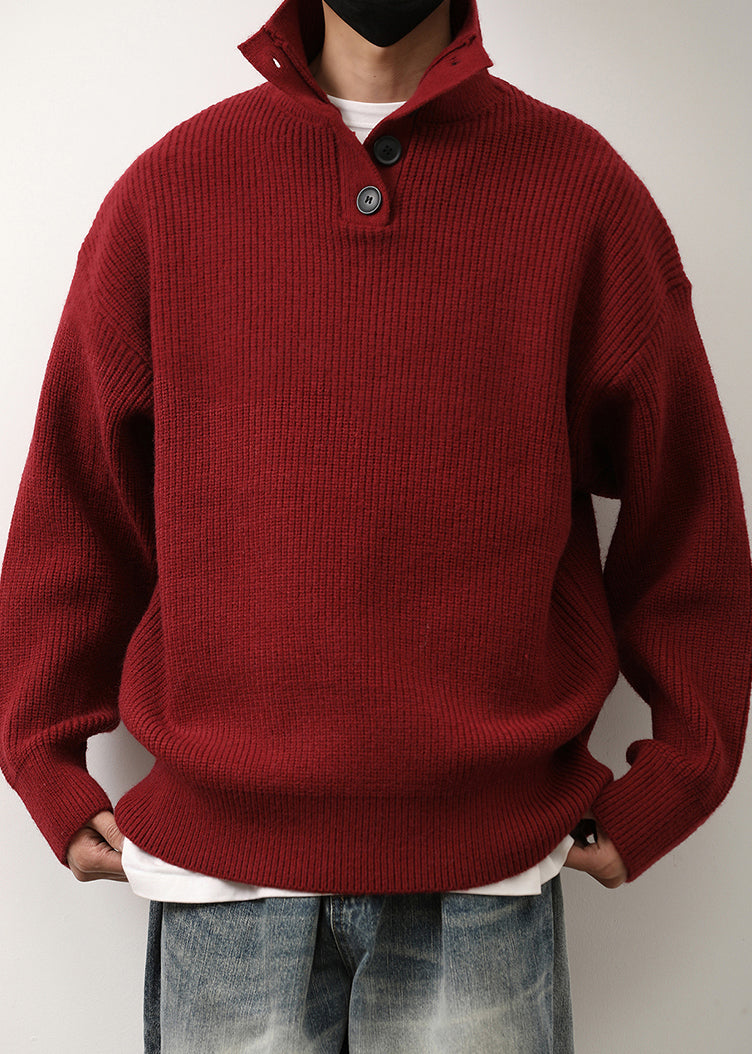 Loose Red Stand Collar Button Knit Sweaters Spring