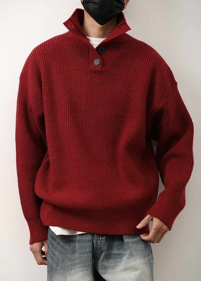 Loose Red Stand Collar Button Knit Sweaters Spring
