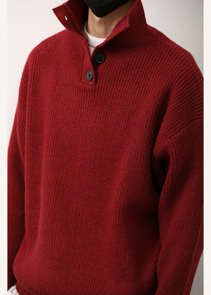 Loose Red Stand Collar Button Knit Sweaters Spring
