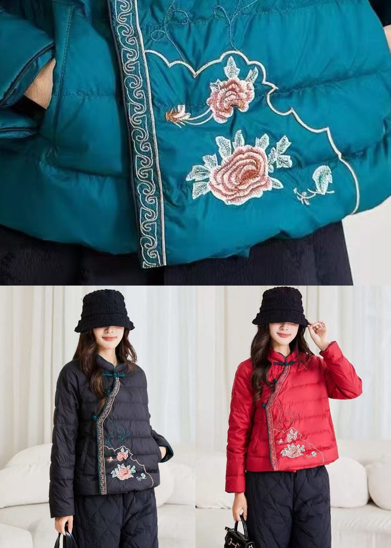 Loose Red Stand Collar Chinese Button Duck Down Filled Down Coat
