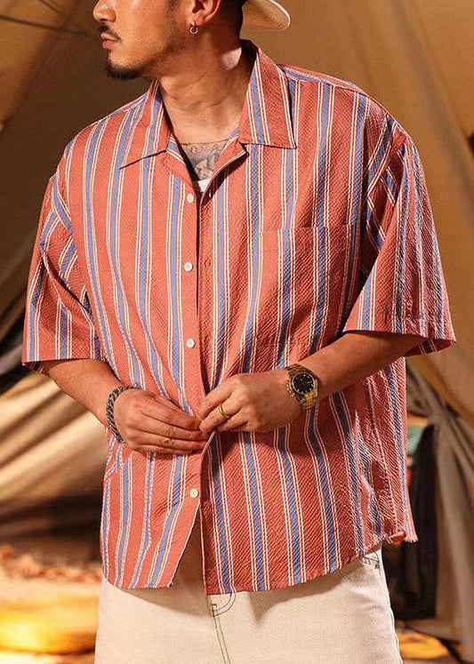 Loose Red Striped Button Pockets Cotton Polo Shirt Men Summer