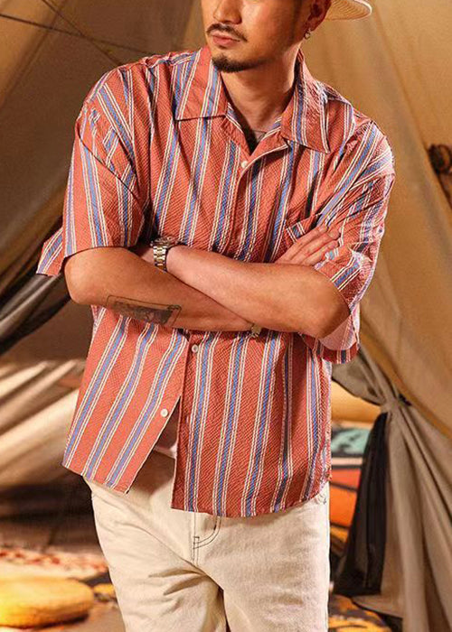 Loose Red Striped Button Pockets Cotton Polo Shirt Men Summer
