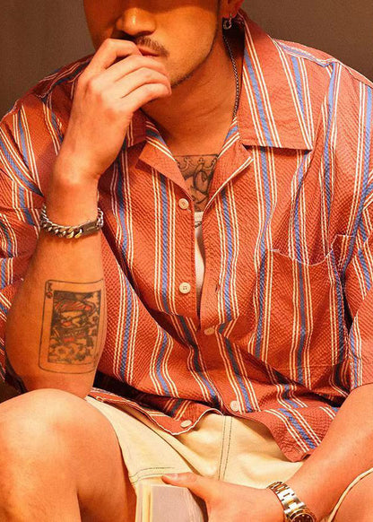 Loose Red Striped Button Pockets Cotton Polo Shirt Men Summer