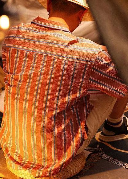 Loose Red Striped Button Pockets Cotton Polo Shirt Men Summer