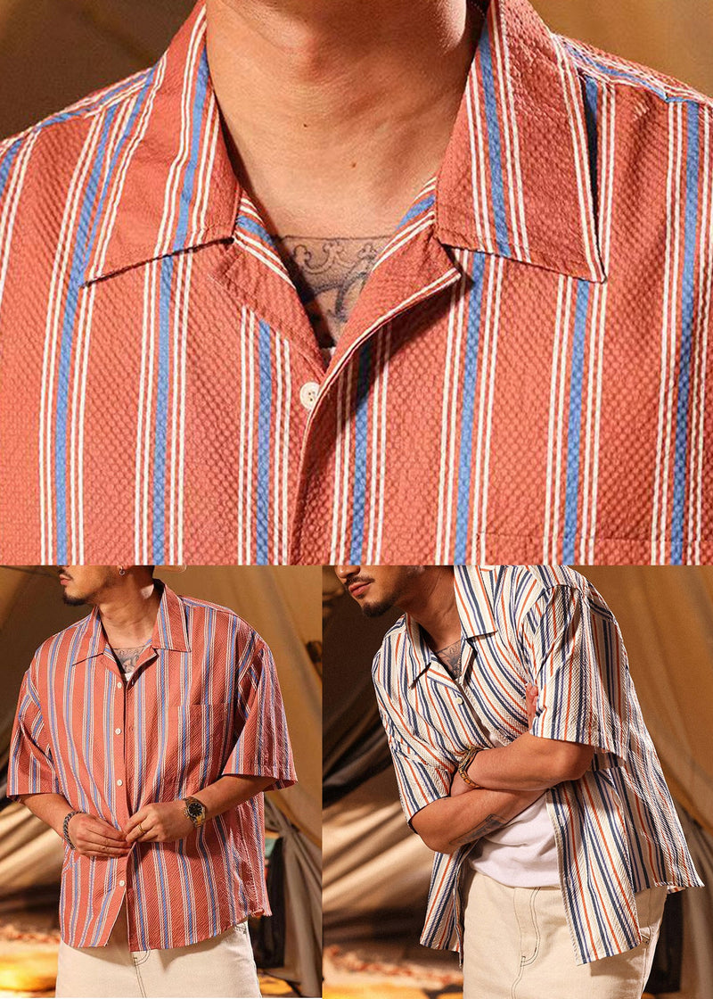 Loose Red Striped Button Pockets Cotton Polo Shirt Summer